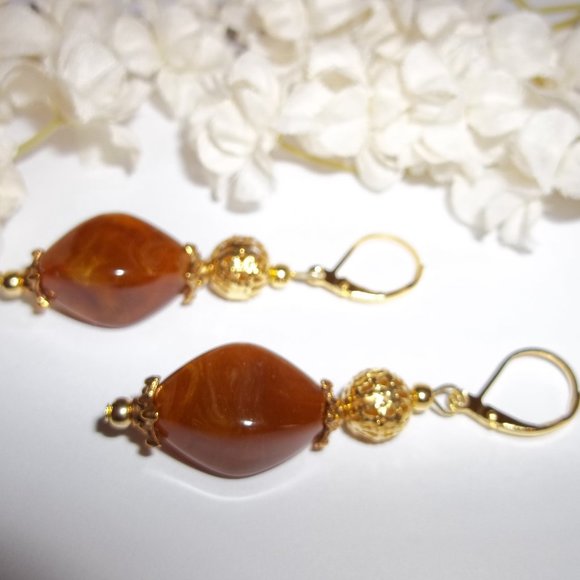 Brown Beaded Earring Set Handmade NWT Jewelry Dangle Drop Gold Toned Pair 4136 - Picture 4 of 7